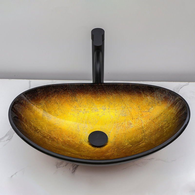 21.7" Glass Oval Vessel Bathroom Sink with Pop-Up Drain, Brown