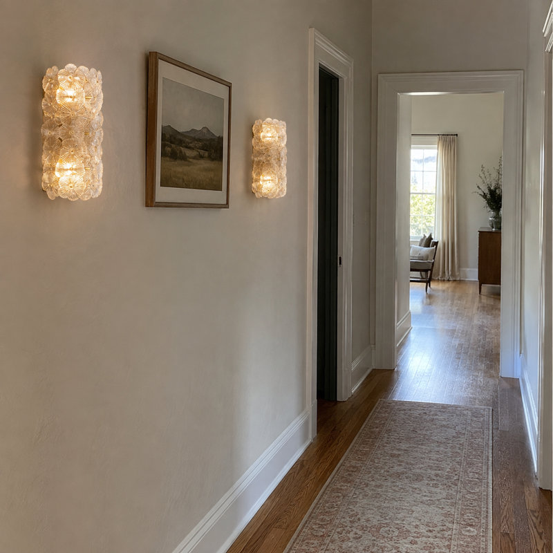 2-Light Gold Wall Sconce With Textured Clear Floral Glass Shades, Clear