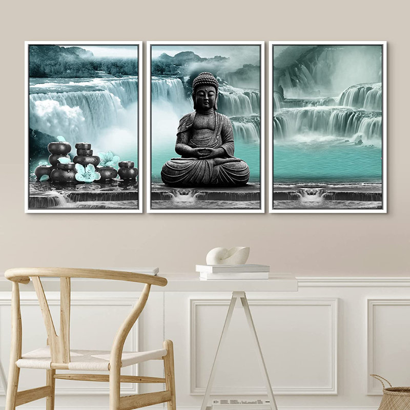 «Green Zen Waterfall Buddha», impression sur toile encadrée, Blanc, H 36 po x l 72 po