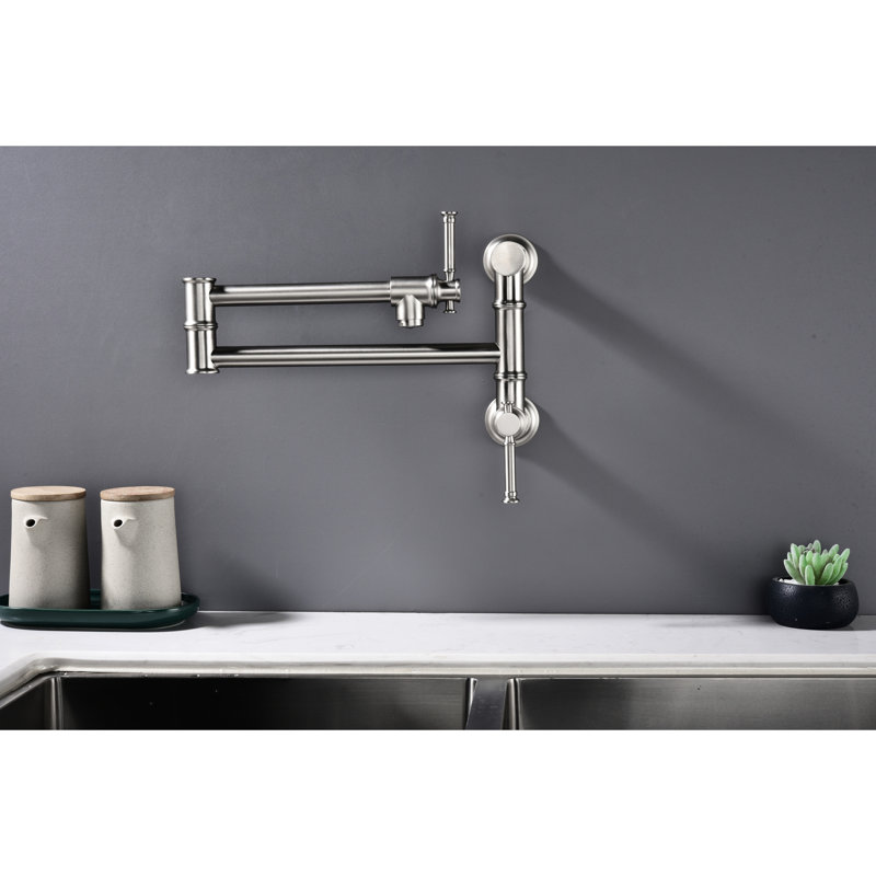 Robinet de remplissage de pot mural - laiton, conception moderne, deux pièces, bras pivotant pliant, nickel brossé, goutte à goutte, mode d'alimentation en eau paisible, pliage en deux pièces, fonctionnement goutte à goutte, silencieux