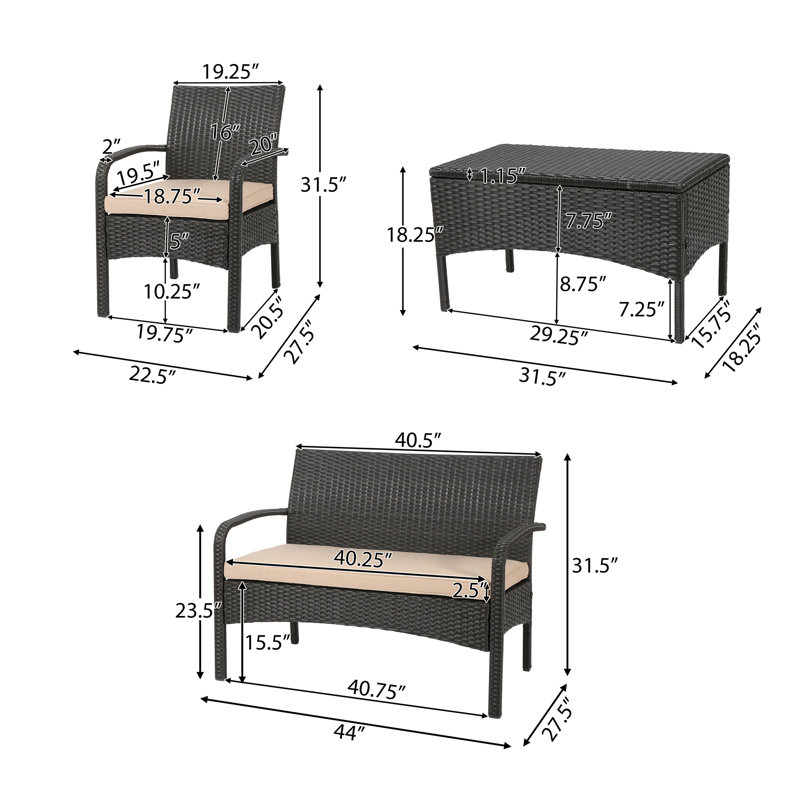 KD WICKER 4 PC CHAT SET, Brown/Tan
