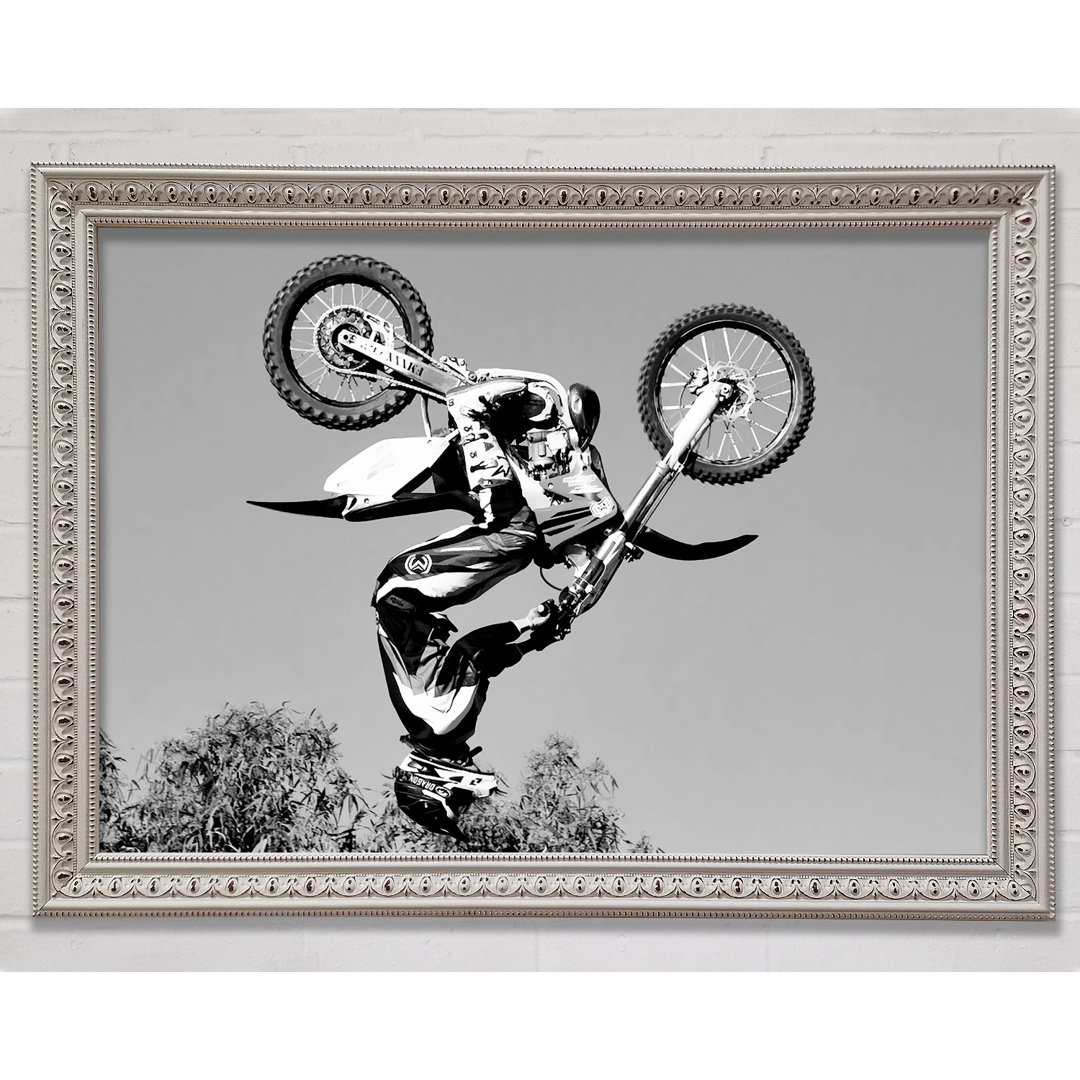 Gerahmter Kunstdruck Motorcross Freestyle Upside Down Flip in Schwarz/Weiß