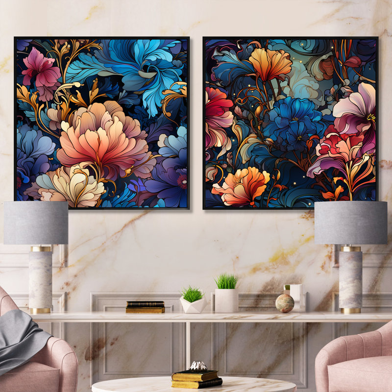 Kaleen - Ensemble de 2 collages floraux carrés, Cadre flottant noir, H 16 po x l 33 po