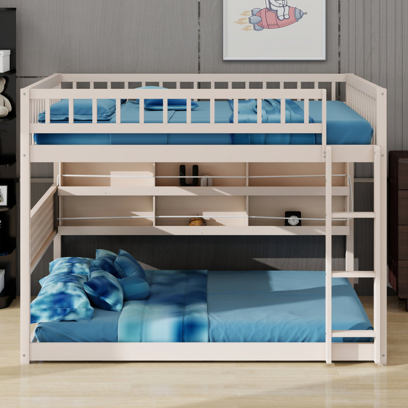Lit superposé peu encombrant avec tablettes intégrées et panneau perforé, Lit superposé double sur double, Beige