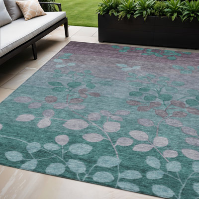 5' X 8' Teal Blue And Gray Floral Washable Indoor Outdoor Area Rug