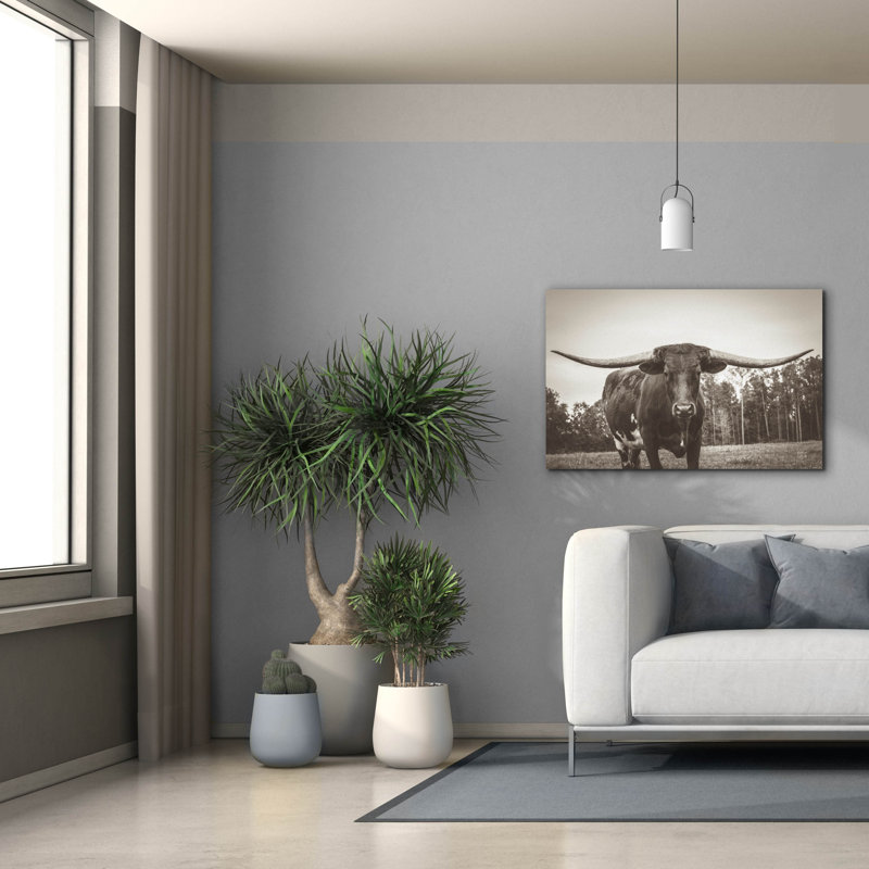 "Epic Graffiti" Longhorn Pastures Sepia "par Nathan Larson, art mural sur toile, H 26 po x l 40 po
