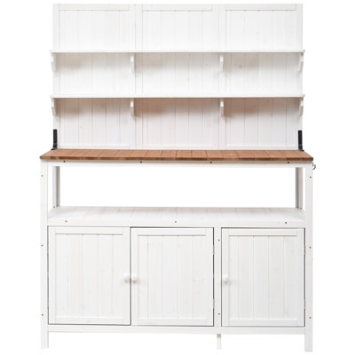 Banc de rempotage avec huche, poste de travail en bois de sapin massif, grand comptoir, 2 tablettes, 2 armoires, 3 crochets latéraux