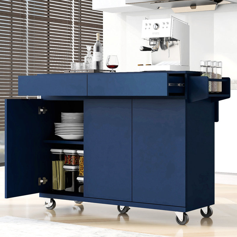 53"W Wood Kitchen Island With Drop Leaf, Drawers And Adjustable Shelves, Navy Blue