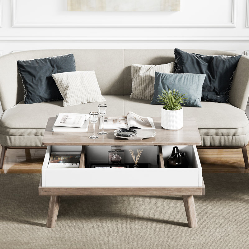 Table basse à plateau relevable avec rangement Brierra, Gris ivoire