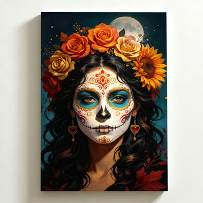 Halloween Canvas Wall Art 16"x24" Portrait of a woman with sugar skull makeup, adorned with flowers, Digital Art Canvas Print. Modern Wall Decor for Bedroom, Living Room & Home Office