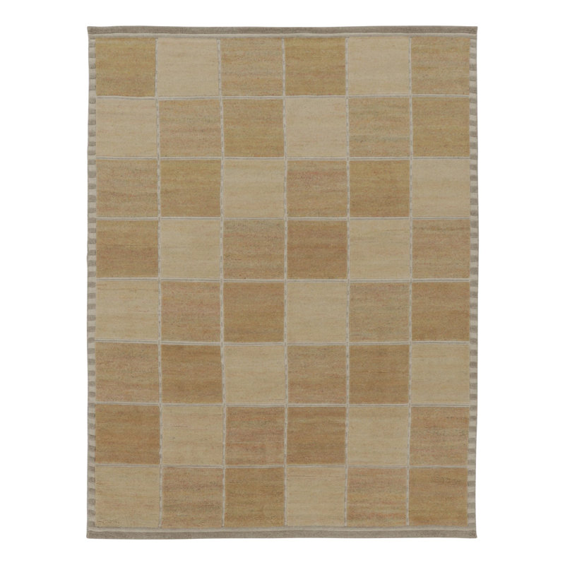 Rug & Kilim’S Scandinavian Rug, Geometric Pattern In Gold And Beige, Rectangle 12' x 18'