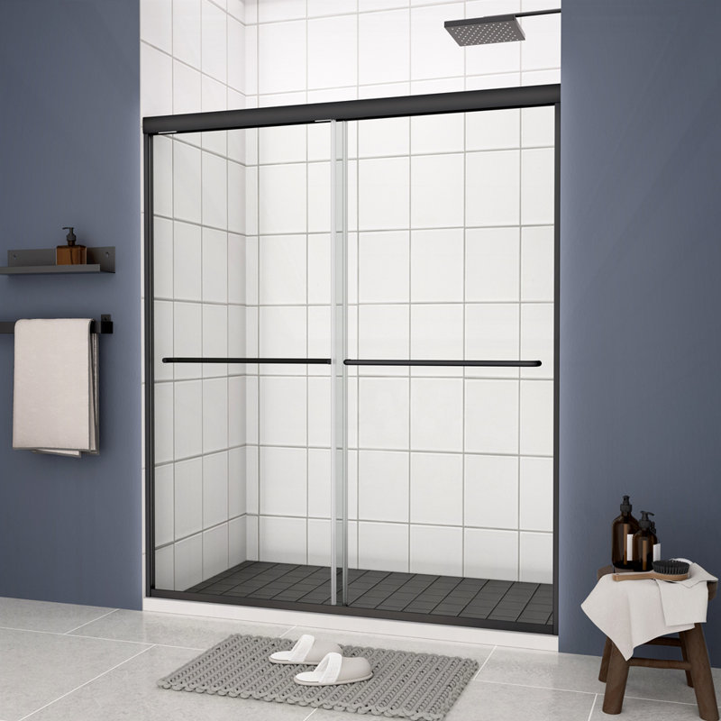 Porte de douche à dérivation, porte coulissante, avec verre trempé de 1/4 po, Noir mat