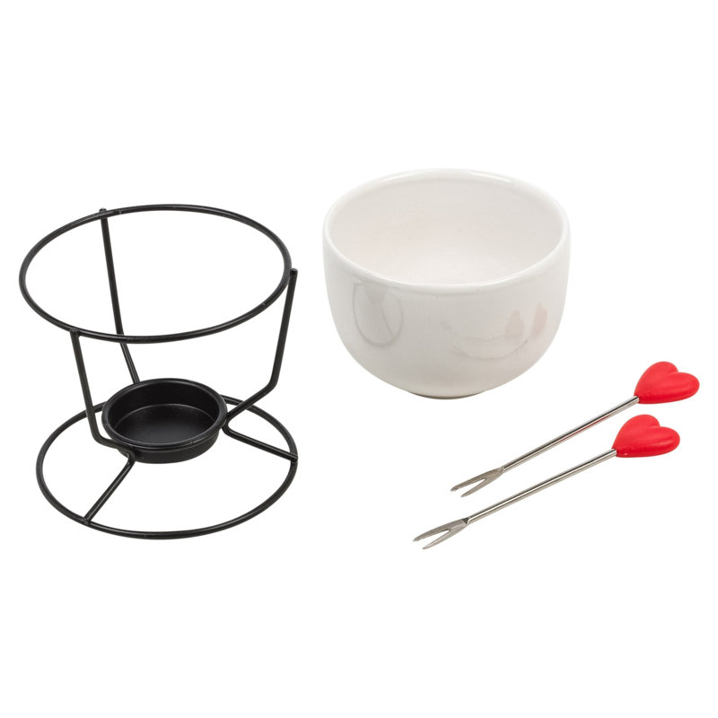Chocolate Fondue Set w/ Ceramic Bowl, Tealight Stand and 2 Heart Forks