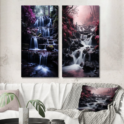 «Pink Grey Waterfall Misty Reverie», 2 pièces sur toile