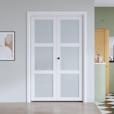 Frosted Glass And Solid Manufactured Wood Bi-Fold Door With Installation Hardware Kit