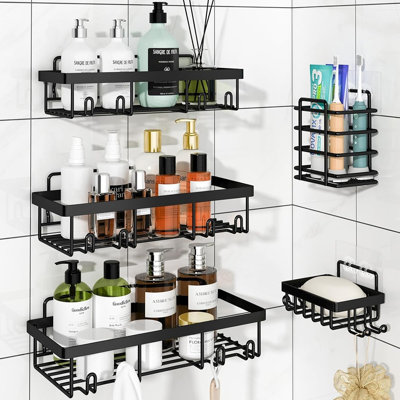 Ensemble de 5 paniers de douche, tablettes de douche en acier inoxydable antirouille avec porte-savon et porte-brosses à dents, organisateur de salle de bain adhésif sans perçage, noir