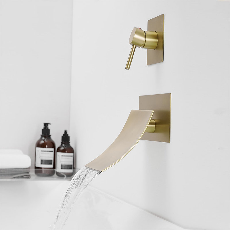 2 Hole Wall Mounted Bathroom Faucet Waterfall Bathroom Sink Faucets Modern Brass Single Handle Bathroom Basin Taps With Valve
