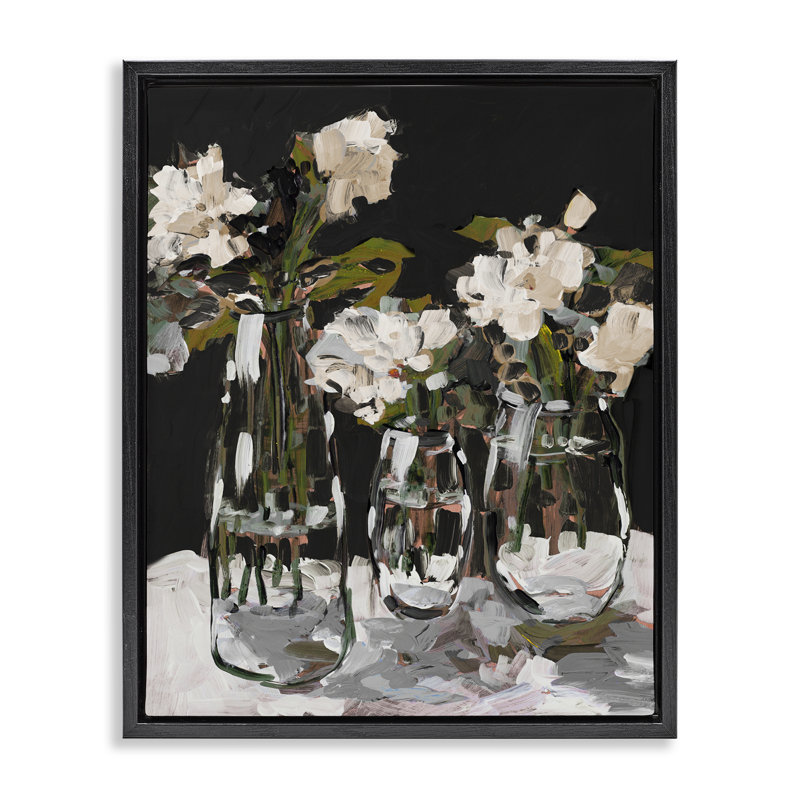 Trois vases à fleurs sur cadre flottant noir, design par Jane Slivka, H 21 po x l 17 po, Cadre flottant noir de jais