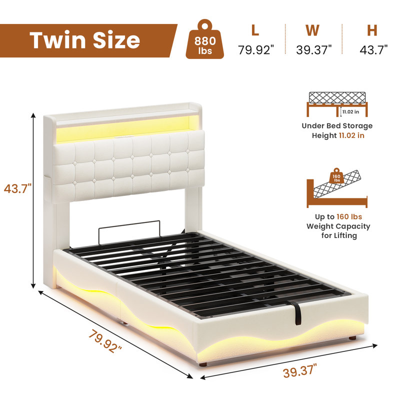 Lift Up Storage  Bed Frame With Charging Station And Hidden Storage Headboard, Led Lights Upholstered Platform Bed With Hydraulic Storage,