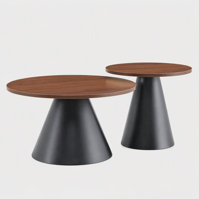 Round Nesting Coffee Table Set of 2, Modern Walnut Wood Side Tables with Matte Black Powder-Coated Carbon Steel Pedestal Base, Adjustable Foot Pads