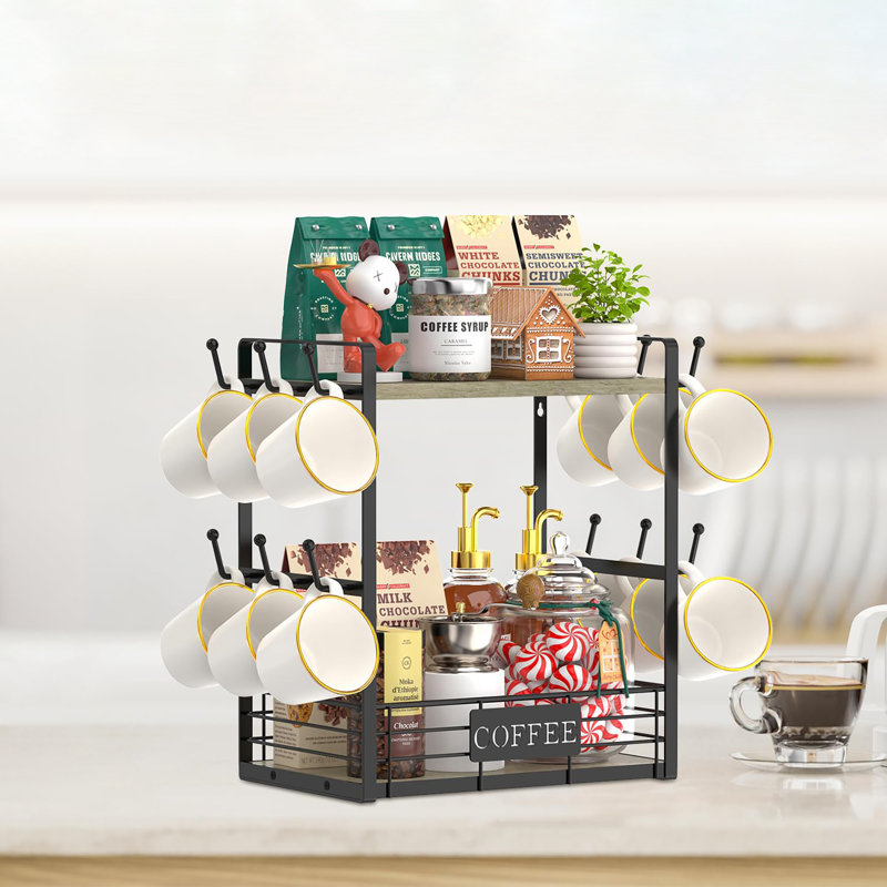 Multi-Functional 2 Tier Mug Tree Rack, Gray Oak