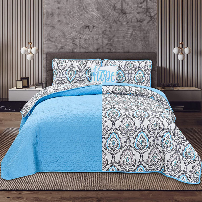 Jade Blue Reversible Twin Microfiber Quilt Set
