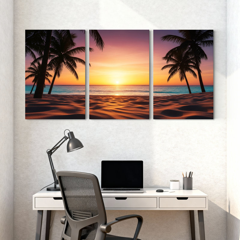Palmiers, coucher de soleil, plage, palmiers, ciel, océan, sable, horizon, ensemble de 3 impressions sur toile