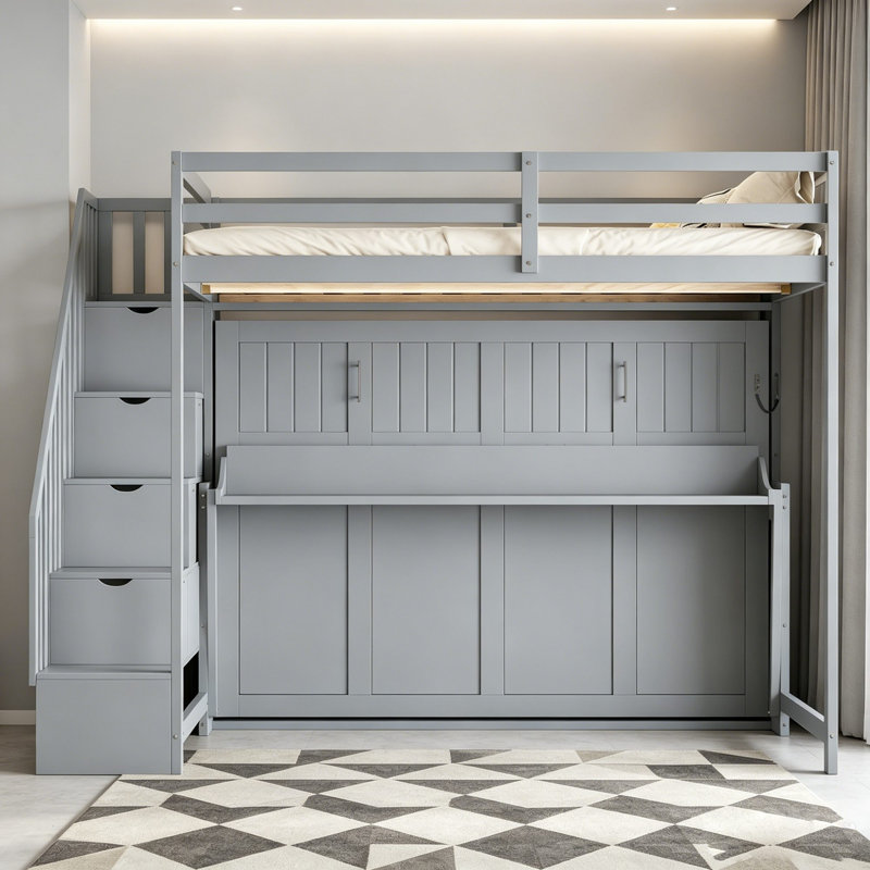 Lit mezzanine double avec lit escamotable intégré, escalier de rangement et bureau, gris
