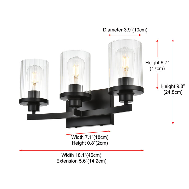 Éclairage pour meuble-lavabo à intensité variable Dariela, Noir, H 10 po x l 18 po x P 18 po, 3 lumières