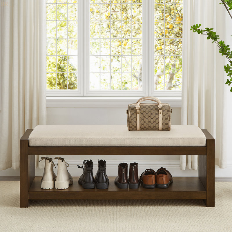 Banc d'appoint avec étagère à chaussures inférieure et banc de siège rembourré, Ivoire ivoire