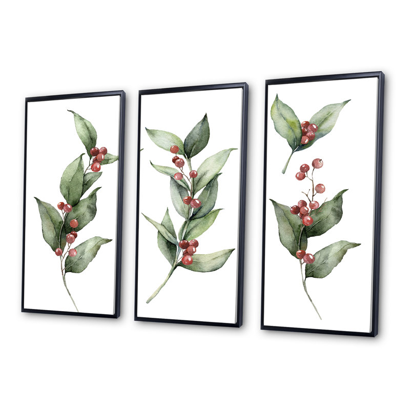 Ensemble de Noël avec branches et Berrie rouge - 3 pièces, impression sur toile, Noir, H 20 po x l 36 po x P 1 po