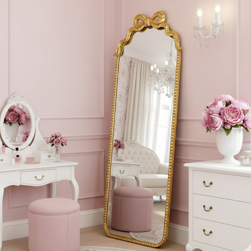 Antique Gold Baroque Arched Full Length Floor Mirror with Bow Accent (61" x 22"), 61" x 22"