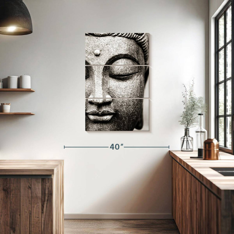 Image de bouddha méditant - 3 pièces sur toile tendue, H 38 po x l 24 po x P 1,25 po