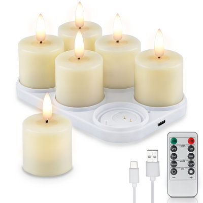 6 Rechargeable Flameless Votive Candles with Magnetic Charging Base and Remote