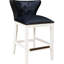 Tabouret de comptoir, revêtement en similicuir bleu foncé, base en bois massif blanc, garniture cloutée en laiton antique, cuir à dossier, dossier, plaque de protection, patins de plancher