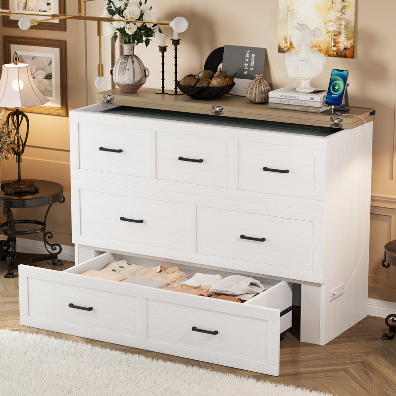 Rovik Elegant Murphy Bed With Charging Station And Large Storage Drawer, Full, White