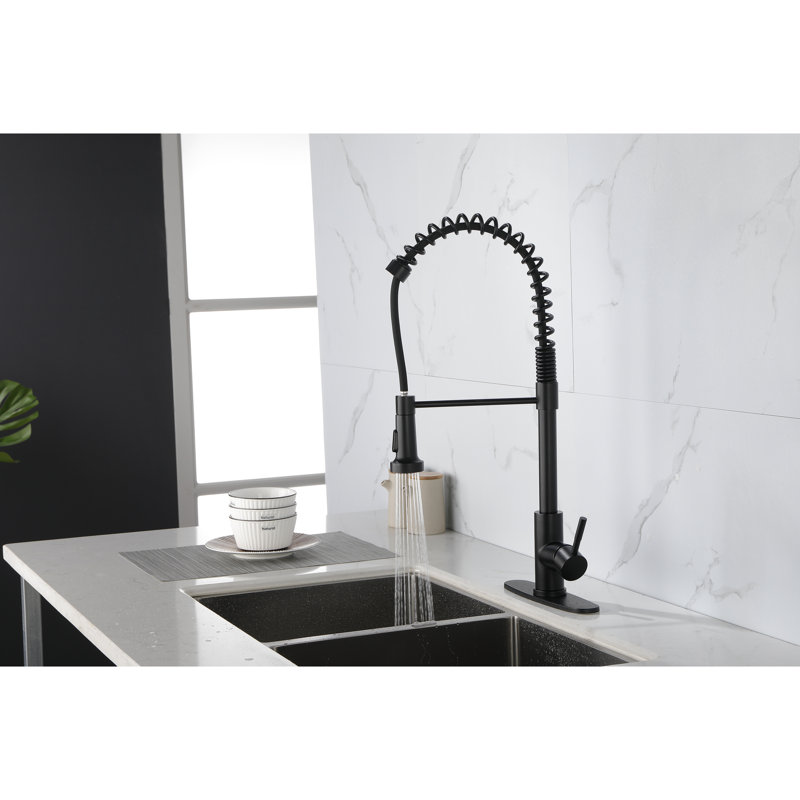 Robinet de cuisine à ressort - Acier inoxydable, noir mat, monotrou, douchette extractible pour une utilisation pratique en acier, buse pivotante à 360 °, contrôle du débit d'eau