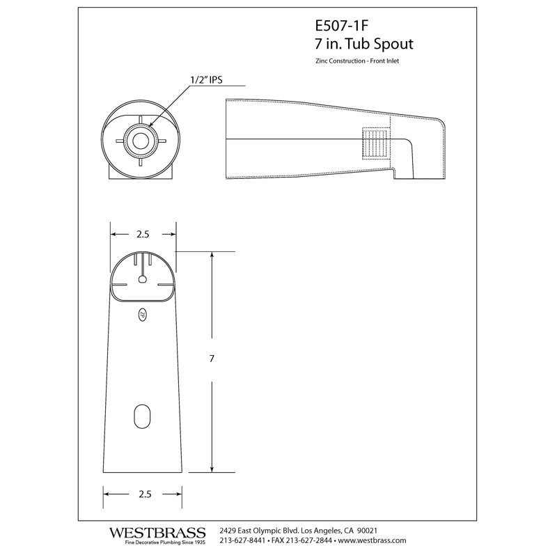7" Reach Solid Brass Wall Mount Tub Spout, Satin Nickel
