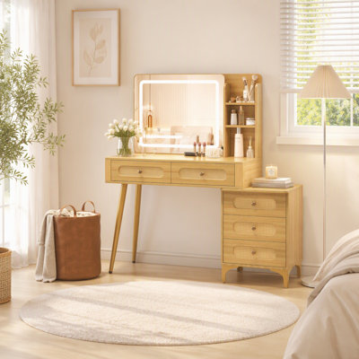 Coiffeuse vintage de 119 cm avec miroir et éclairage, bureau à 5 tiroirs avec tablette de rangement, tiroirs en rotin, 3 modes de couleur et luminosité réglable, naturel
