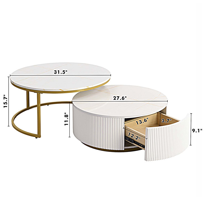 Table basse gigogne moderne avec tiroir, H 15,7 po x L 31,5 po x l 31,5 po, Blanc