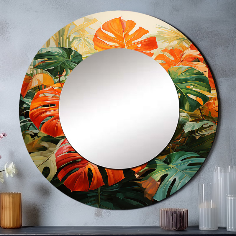 Filadelfio Orange Green Tropical Foliage I - Botanicals Large Mirror, Traditional Round Decorative Wall Mirror, Printed Metal Art