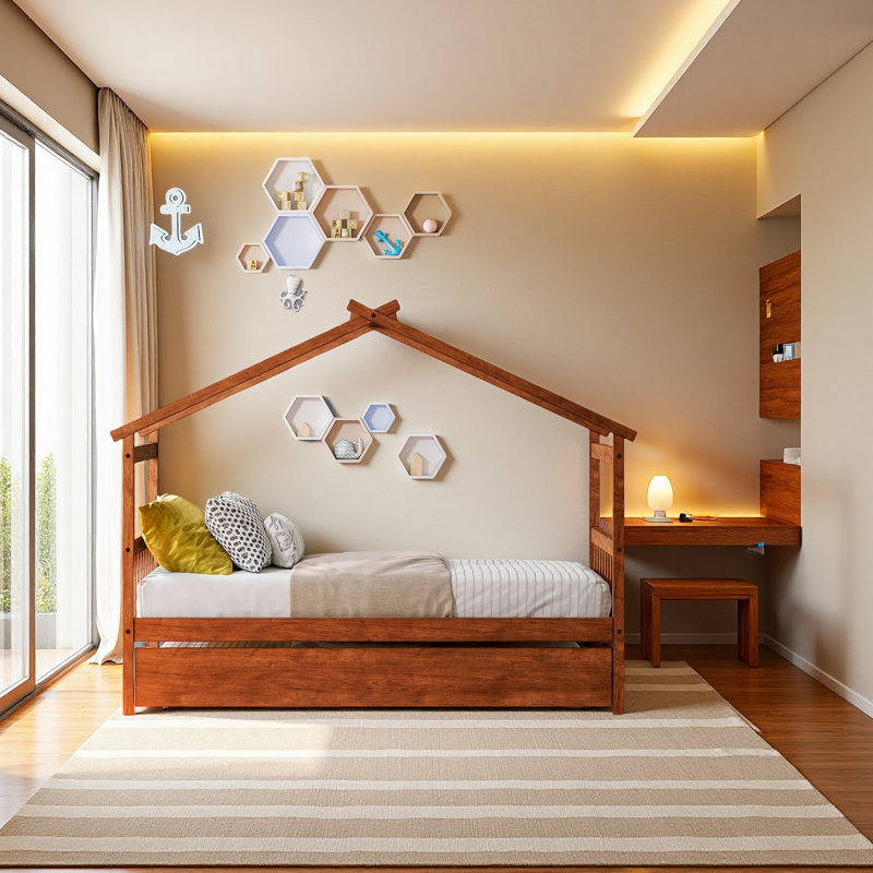 Lit en bois avec lit gigogne simple, Lit simple, Brun