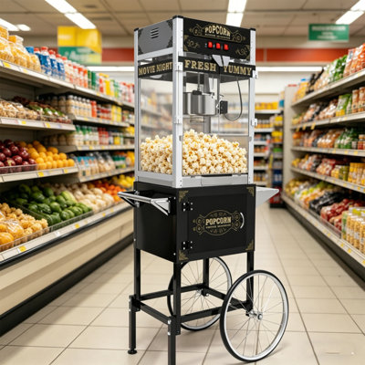 Machine à maïs soufflé commercial de 20 onces avec chariot, popper de style rétro sur roulettes, verre trempé, plateau chauffant, 1450 W, noir pour les événements de cinéma maison