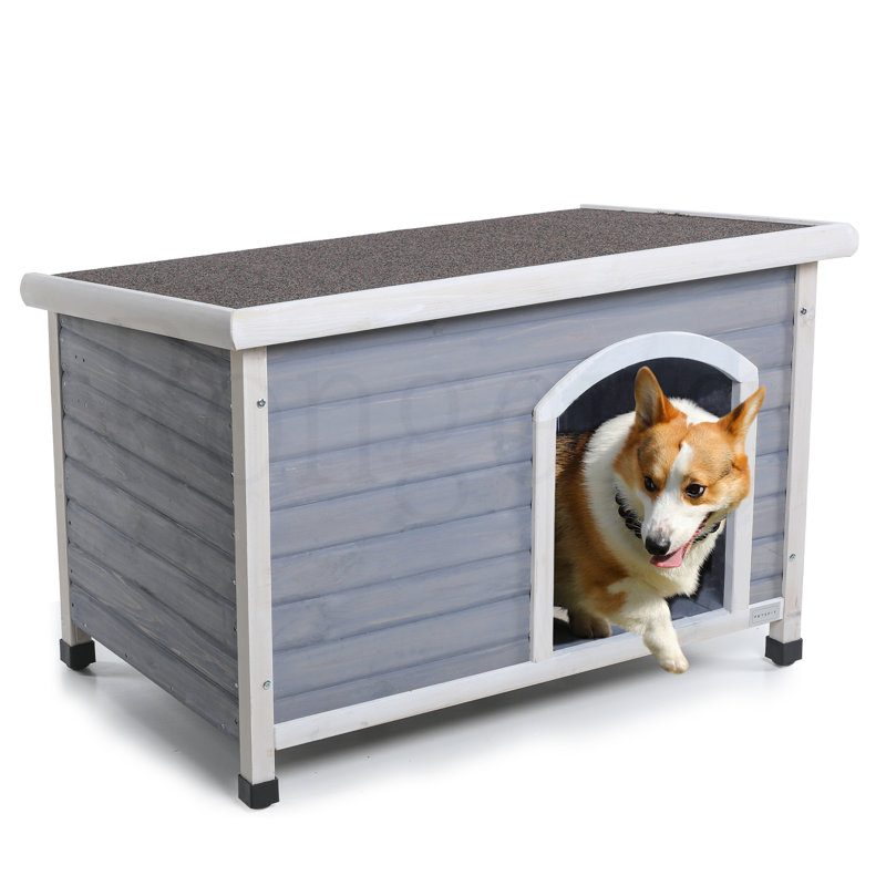 Grande niche pour chien d'extérieur en bois, Gris clair, H 27,5 po x l 41 po x P 26 po