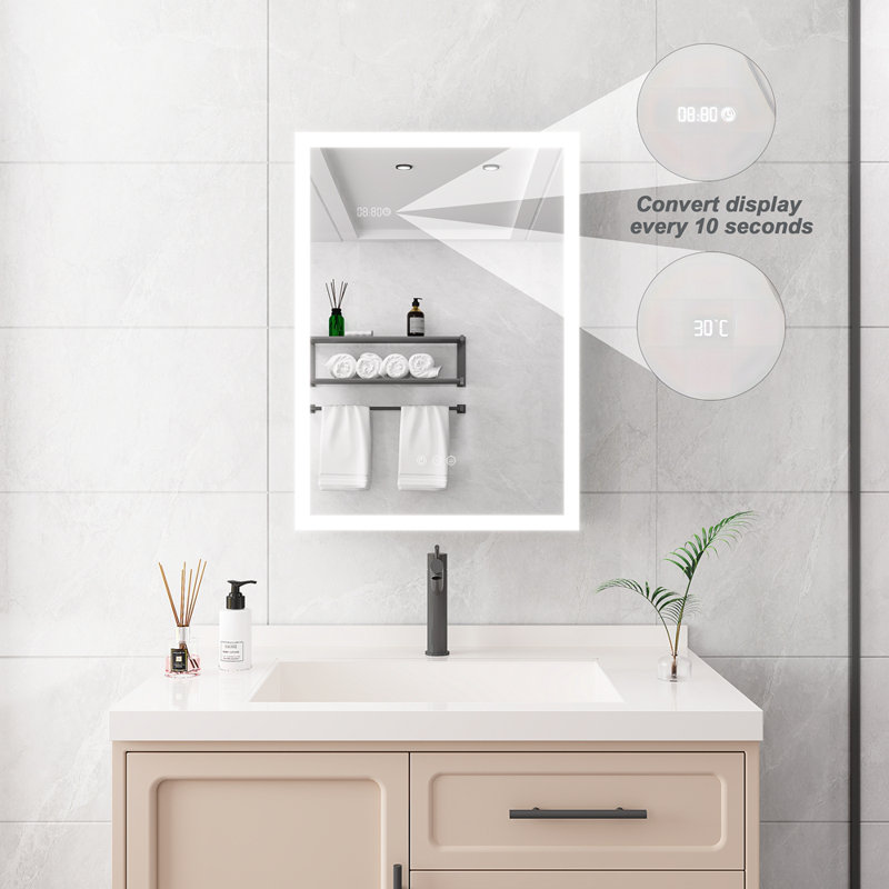Armoire à pharmacie de salle de bain avec lumières, armoire à pharmacie DEL 28 po x 20 po avec miroir, armoire à pharmacie lumineuse avec désembueur, gradateur, horloge numérique et affichage de la température, montage en surface