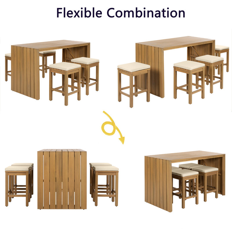 5-piece Acacia Wood Outdoor Bar Set With Cushions