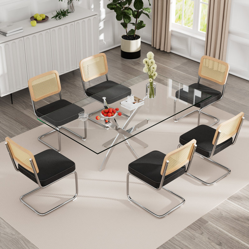 Ensemble de table rectangulaire en verre trempé, 7, Noir / Naturel / Argent
