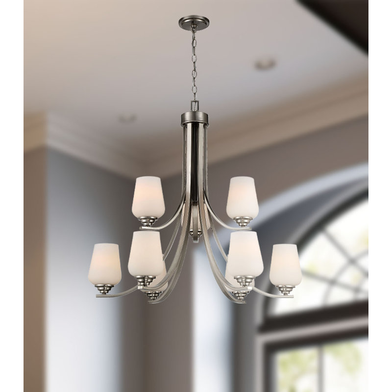 Lustre classique à 9 lumières Arbra, Nickel brossé, Blanc