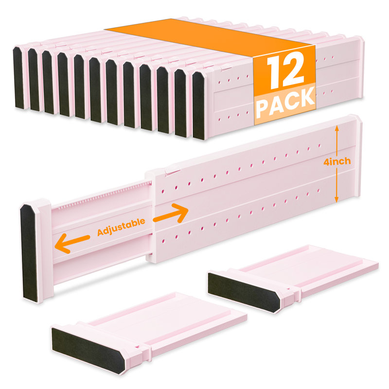 12 Pack Drawer Divider, 4" High, 11-17" Adjustable Drawer Dividers, Non-Slip Expandable Dresser Organizer for Baby Clothes, Bathroom, Bedroom, Kitchen and Office Storage, 12 Pack, Pink