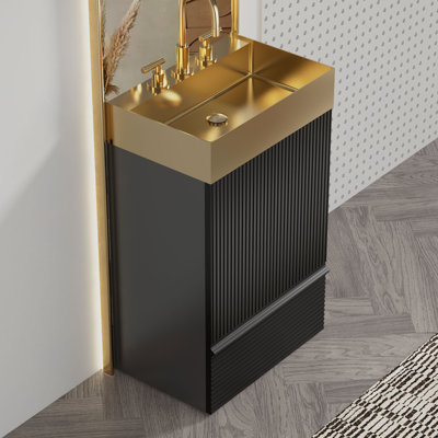 Meuble-lavabo rayé de 20 po avec lavabo intégré en acier inoxydable, armoire de salle de bain autoportante pour salle de bain moderne, lavabo en métal une pièce sans robinet